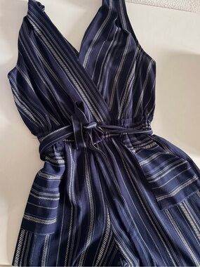 Navy Striped Wrap Jumpsuit- M